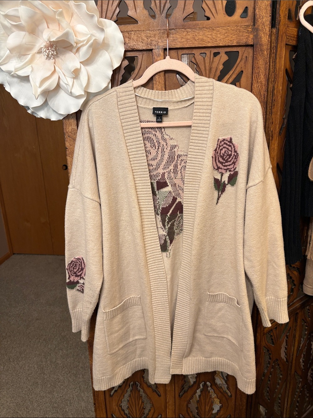 torrid Cream Open-Front Cardigan with Rose Intarsia